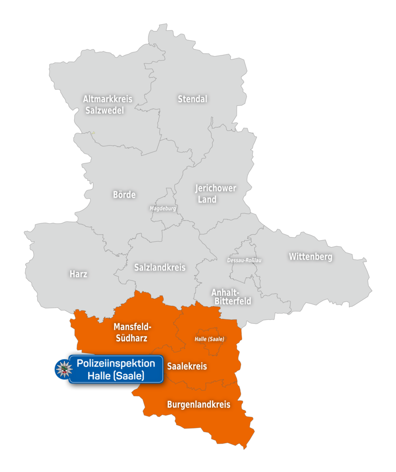 Stilisierte Kartenansicht vom Zuständigkeitsbereich der PI Halle (Saale). Das sind die Stadt Halle (Saale), der Saalekreis, der Burgenlandkreis und der Landkreis Mansfeld-Südharz.